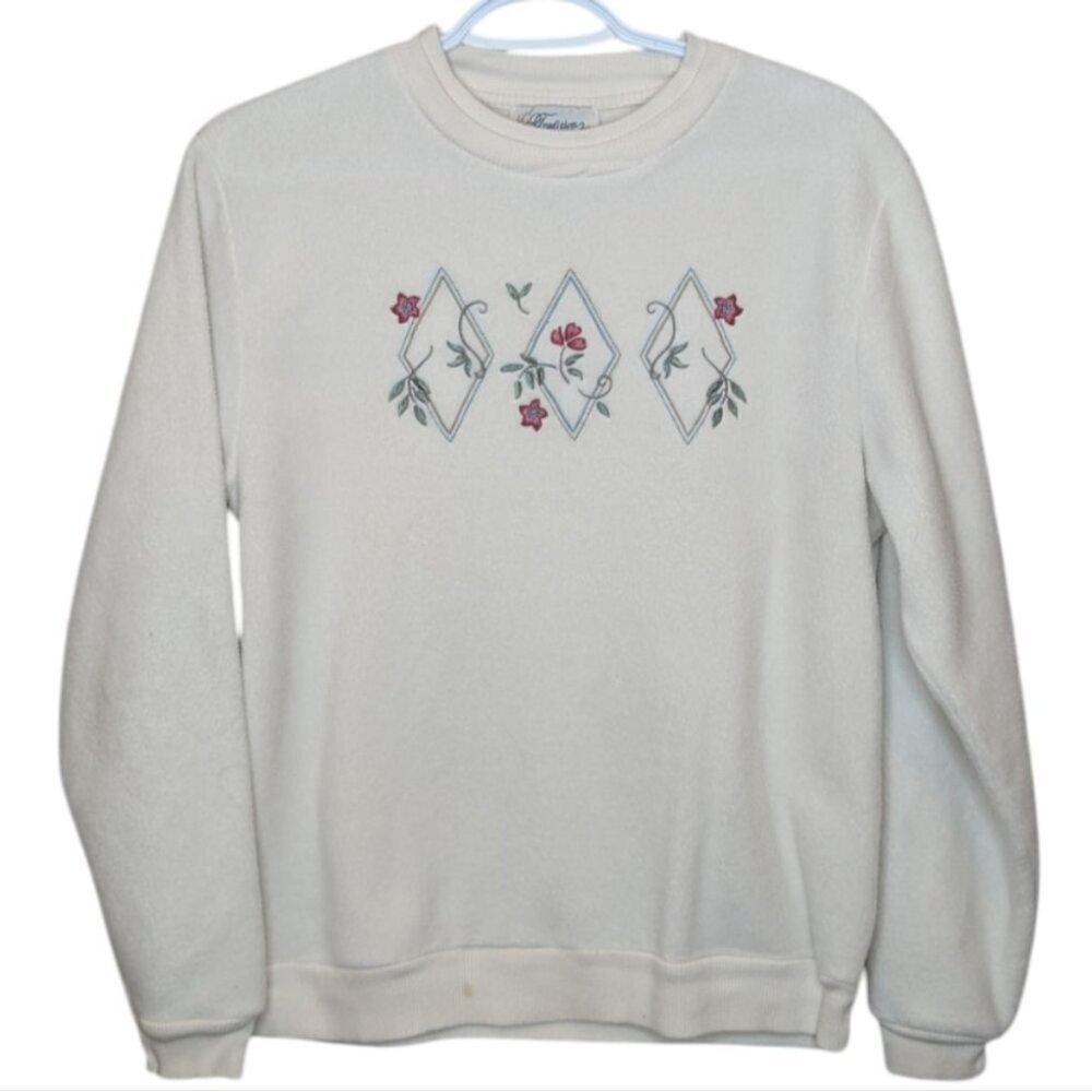 Vintage Tradition White Crew Neck Embroidered Grandma Sweater Medium 10-12 Women